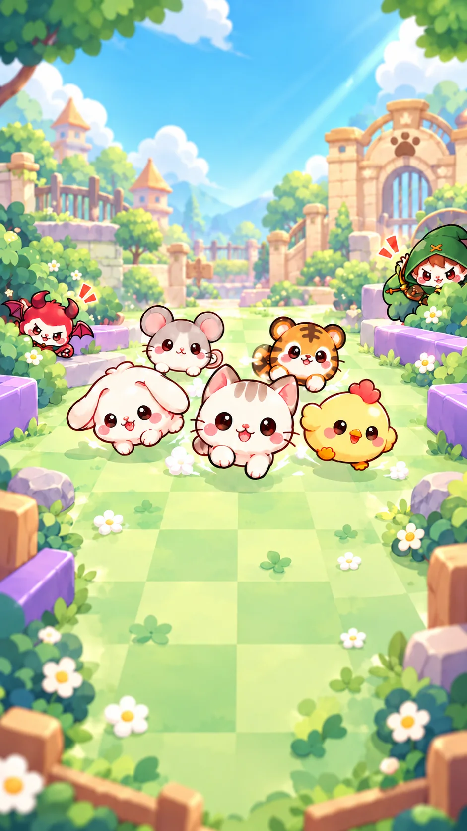 A bunny, a mouse, a kitten, a tiger cub and a chick race across a sunny garden while two hunters peek out from behind the bushes.