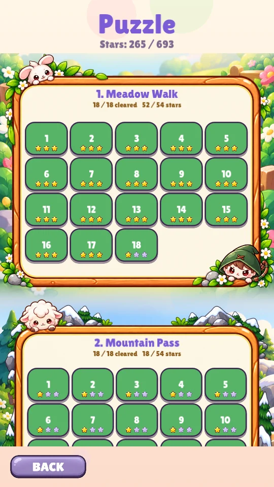 The puzzle list showing worlds, levels and stars